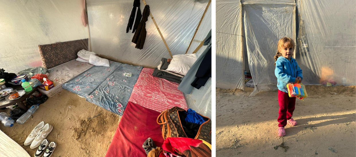Left, Anas Al Borno's makeshift tent in Rafah. His daughter Julia, 3, right, in front of the tent in February, has since fled to Egypt. (Courtesy Anas Al Borno)