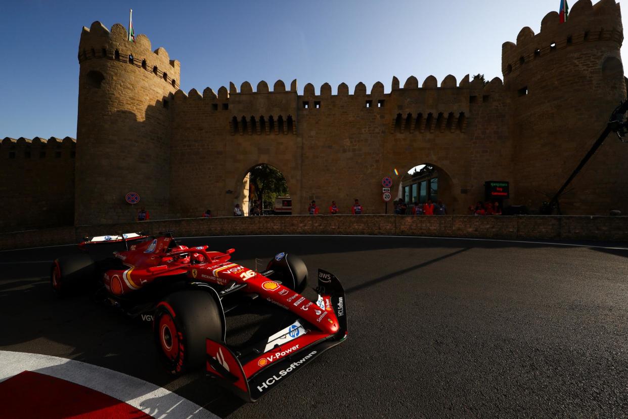 <span>Charles Leclerc on track in Baku during qualifying for the Azerbaijan GP.</span><span>Photograph: Peter Fox/Formula 1/Getty Images</span>