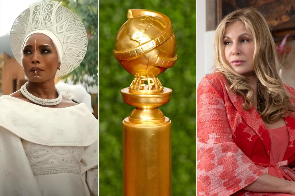 Angela Bassett in Black Panther Wakanda Forever; Golden Globes statuette ; Jennifer Coolidge in The White Lotus season 2