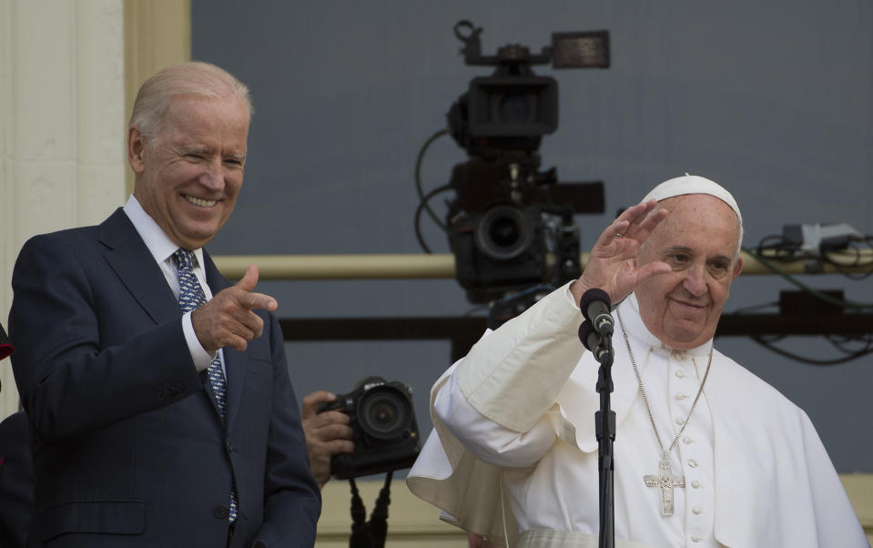 Biden with Pope Francis in Washington on Sept. 24, 2015, after the Pontiff’s address to a joint session of Congress<span class="copyright">Andrew Caballero-Reynolds—AFP/Getty Images</span>