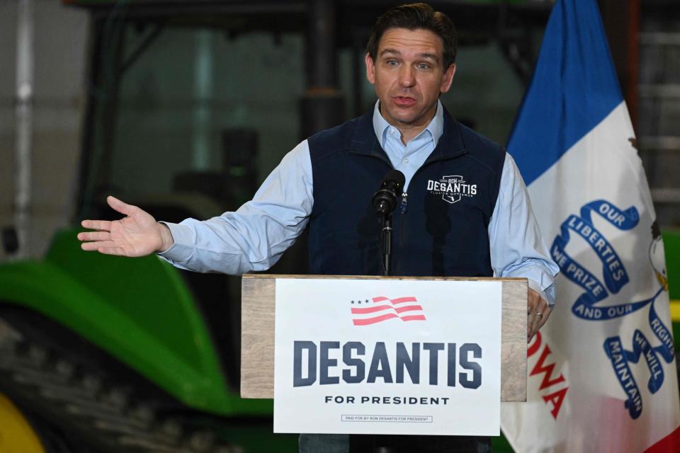 Florida Governor and 2024 Presidential hopeful Ron DeSantis speaks during for a campaign event at Port Neal Welding Company in Salix, Iowa, on May 31, 2023. The event, part of "Our Great American Comeback Tour," is a four-day tour through twelve cities in Iowa, New Hampshire, and South Carolina.