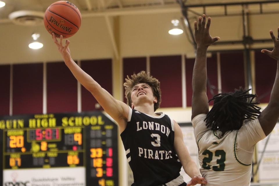 London's Preston Cazalas goes up for a shot against San Antonio Cole on Friday, March 4, 2021 in a Class 3A regional semifinal at Seguin High School in Seguin, Texas.