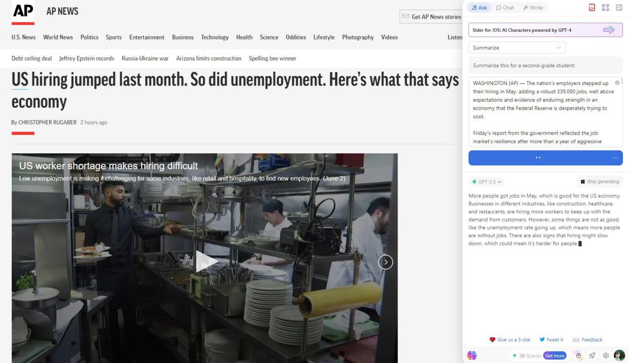 Screenshot of Sider summarizing an Associated Press article