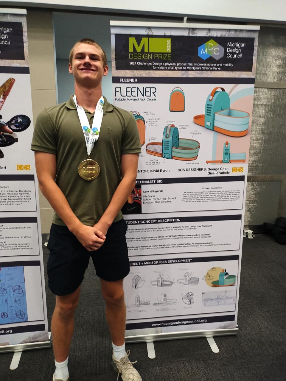 Clinton High School's Cole Hillegonds, a freshman, won the gold medal for his design of the Fleener, a portable foot washing and drying machine a person could take with them to the beach, at the Michigan Design Prize competition offered by the Michigan Design Council.