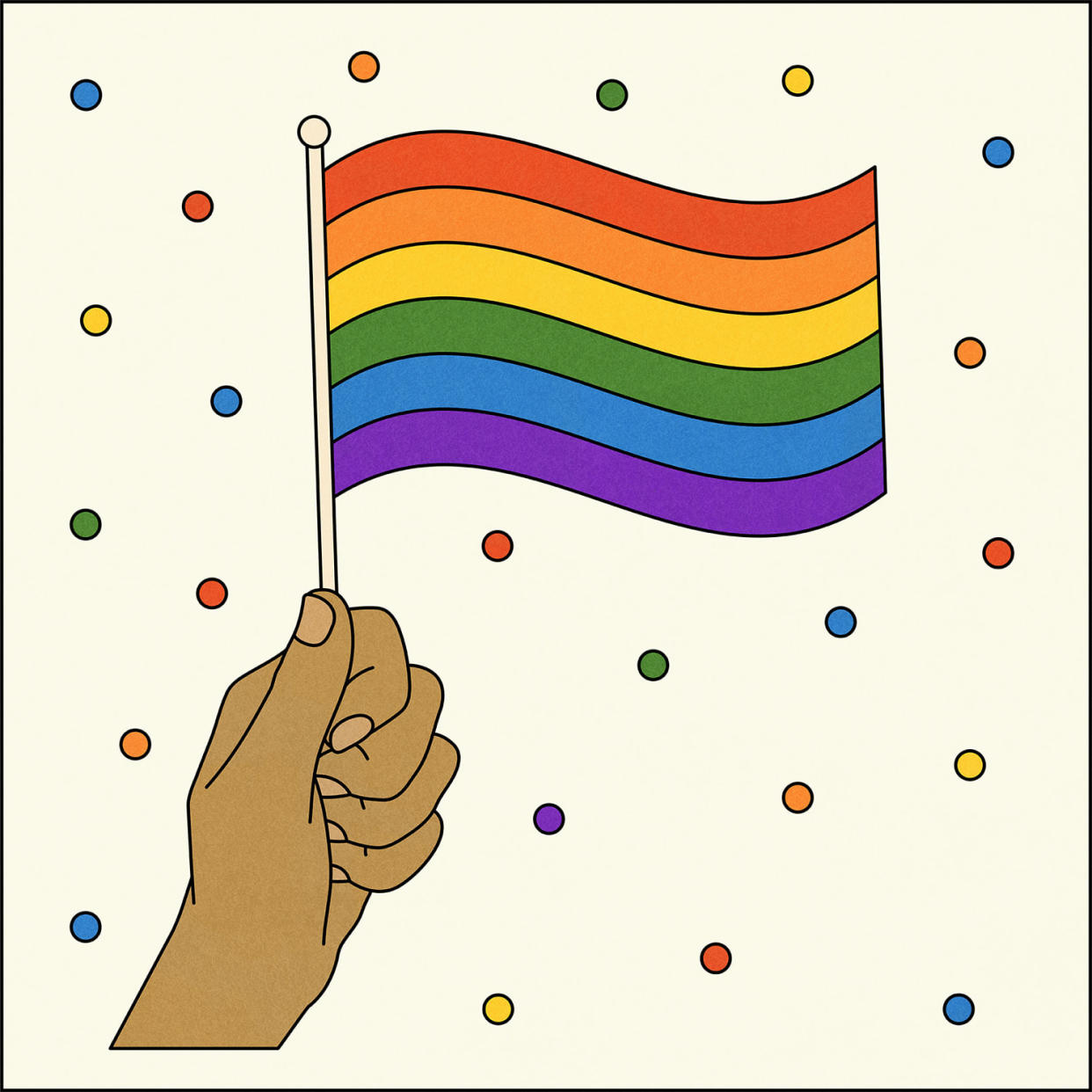 Illustration of hand holding traditional Six colored pride flag (Allie Sullberg for TODAY)