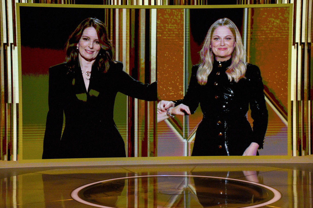 NEW YORK, NEW YORK - FEBRUARY 28: Tina Fey and Amy Poehler speak via livestream during the 78th Annual Golden Globe® Awards at The Rainbow Room on February 28, 2021 in New York City. (Photo by Kevin Mazur/Getty Images for Hollywood Foreign Press Association)