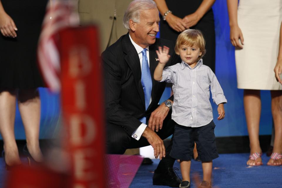 Then-Vice-Presidential nominee Joe Biden with his grandson Hunter and other family members after Biden's speech at the 2008 Democratic National Convention in Denver.