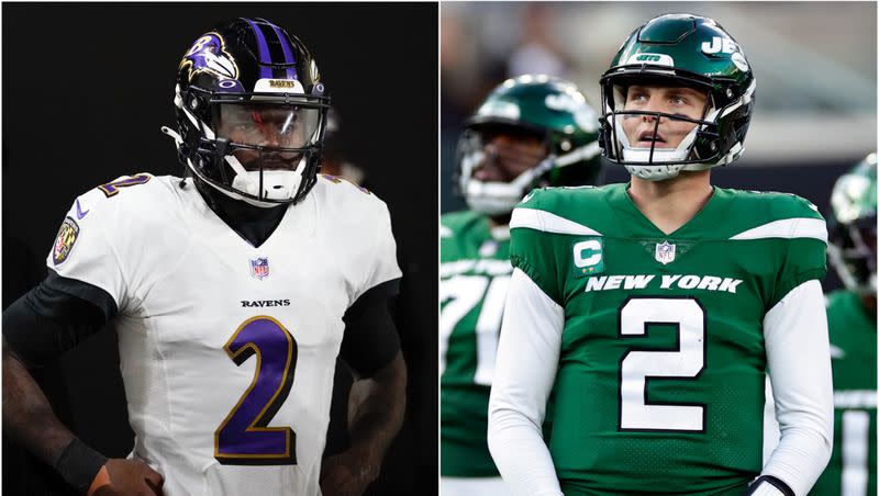 Where do the Baltimore Ravens’ Tyler Huntley, left, and the New York Jets’ Zach Wilson rank on a list of NFL backup quarterbacks?