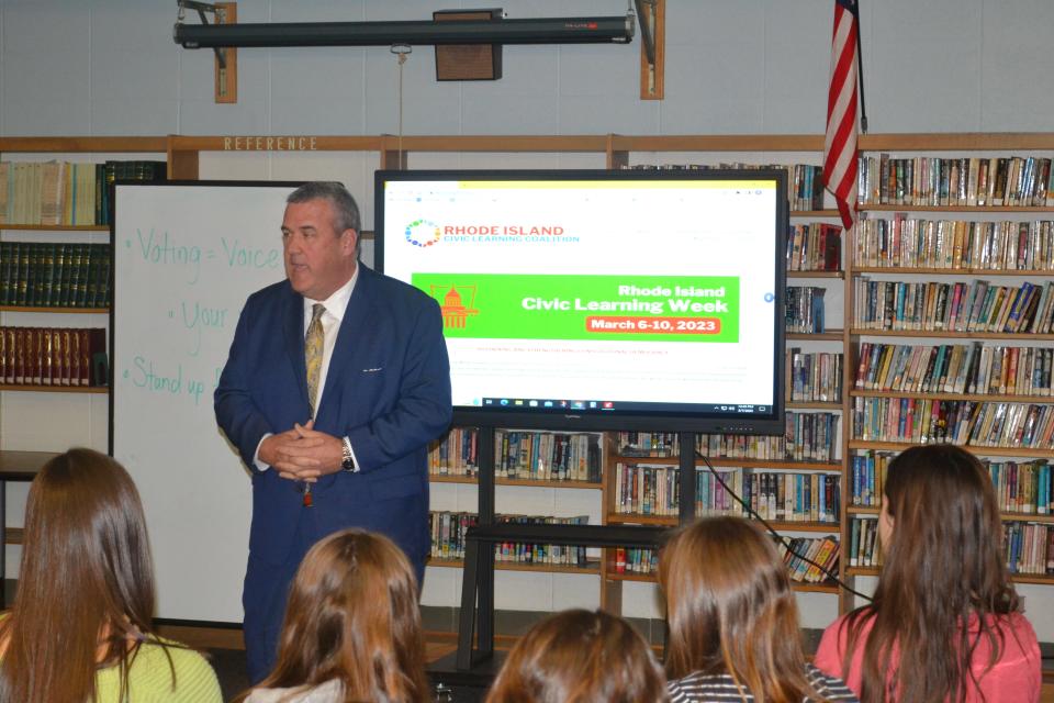 RI Secretary of State Gregg Amore, a former high school history teacher, speaks to Middletown High School students about voter rights, voter suppression, and civic responsibilities of citizens in a democracy.