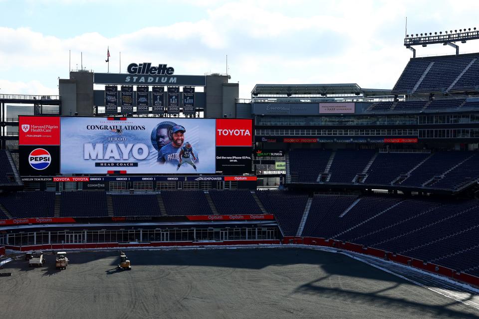 FOXBOROUGH, MASSACHUSETTS - JANUARY 17: A display board celebrates newly appointed head coach Jerod Mayo of the New England Patriots at Gillette Stadium on January 17, 2024 in Foxborough, Massachusetts. (Photo by Maddie Meyer/Getty Images)