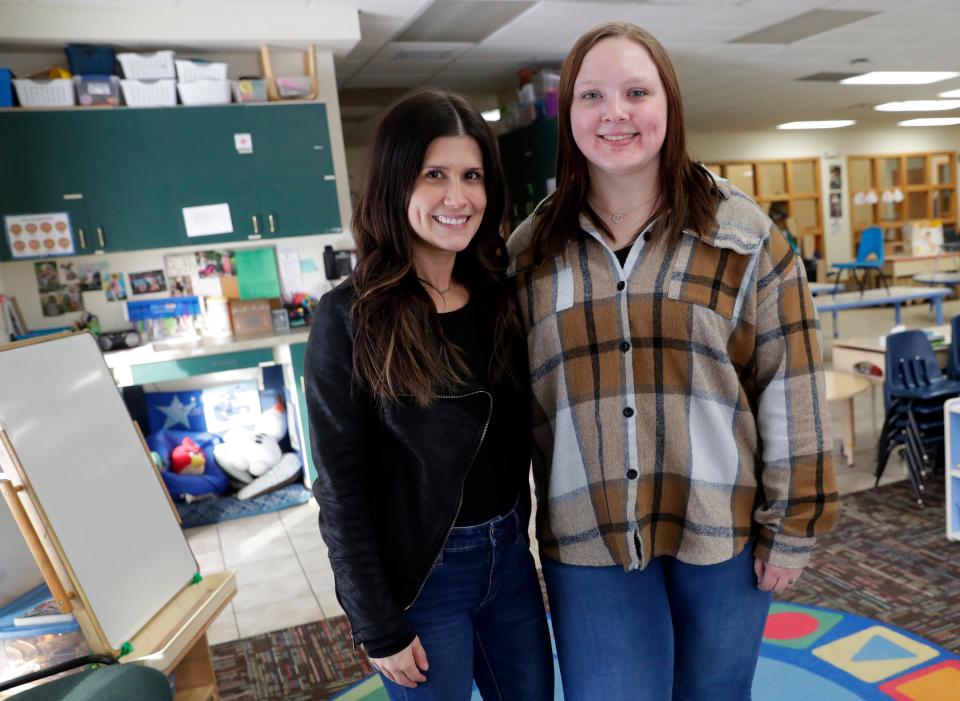 Savannah Zoch, community engagement specialist, and Kat Braatz, associate director at Encompass Early Education & Care's Bellin Health Center location, are pictured on Feb. 24, 2023, in Allouez, Wis.