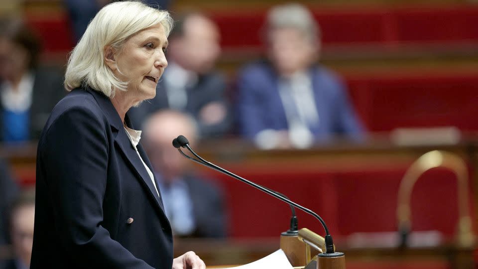 President of the 'Rassemblement National' (RN) parliamentary group Marine Le Pen delivers a speech during a debate on Ukraine at the National Assembly in Paris on March 12, 2024. - Thomas Samson/AFP/Getty Images