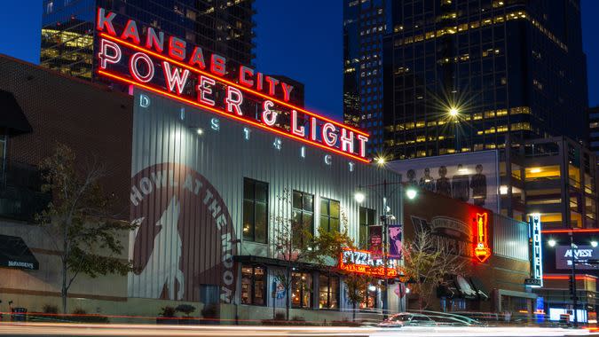 Kansas City, Missouri / United States of America - October 16th 2019 : Power and Light District on top of a building.