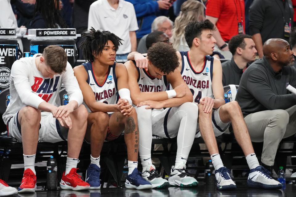 The Gonzaga bench reacts during the second half of the Bulldogs' loss to the Arkansas Razorbacks in the Sweet 16.