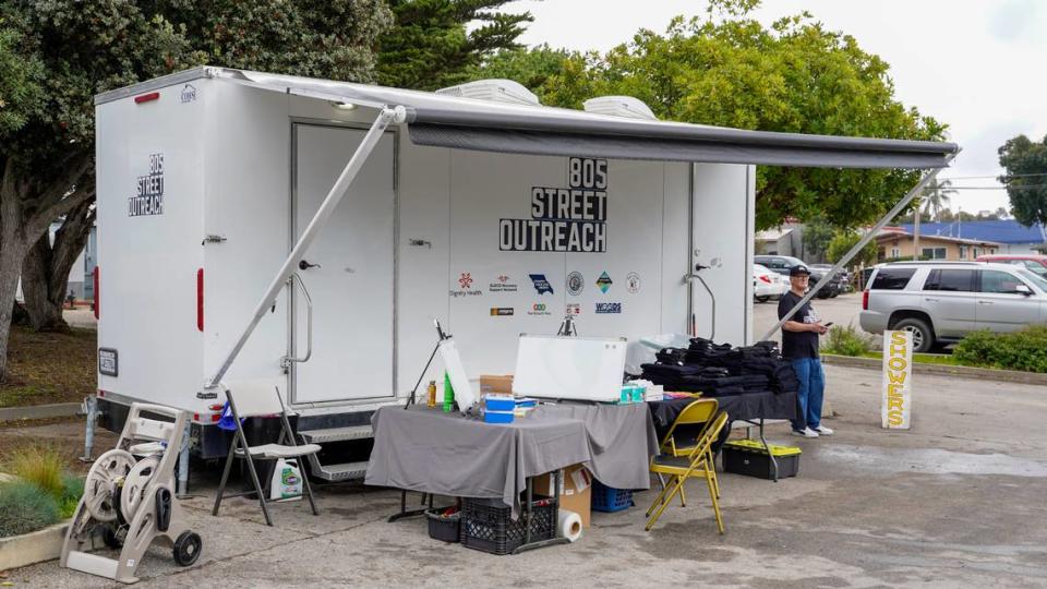 A new program operated by 805 Street Outreach offers showers and hygienic products to homeless residents of Morro Bay, seen here on Feb. 5, 2024. The program will operate from noon to 3 p.m. in the Morro Bay Library parking lot on the first and third Mondays of the month.