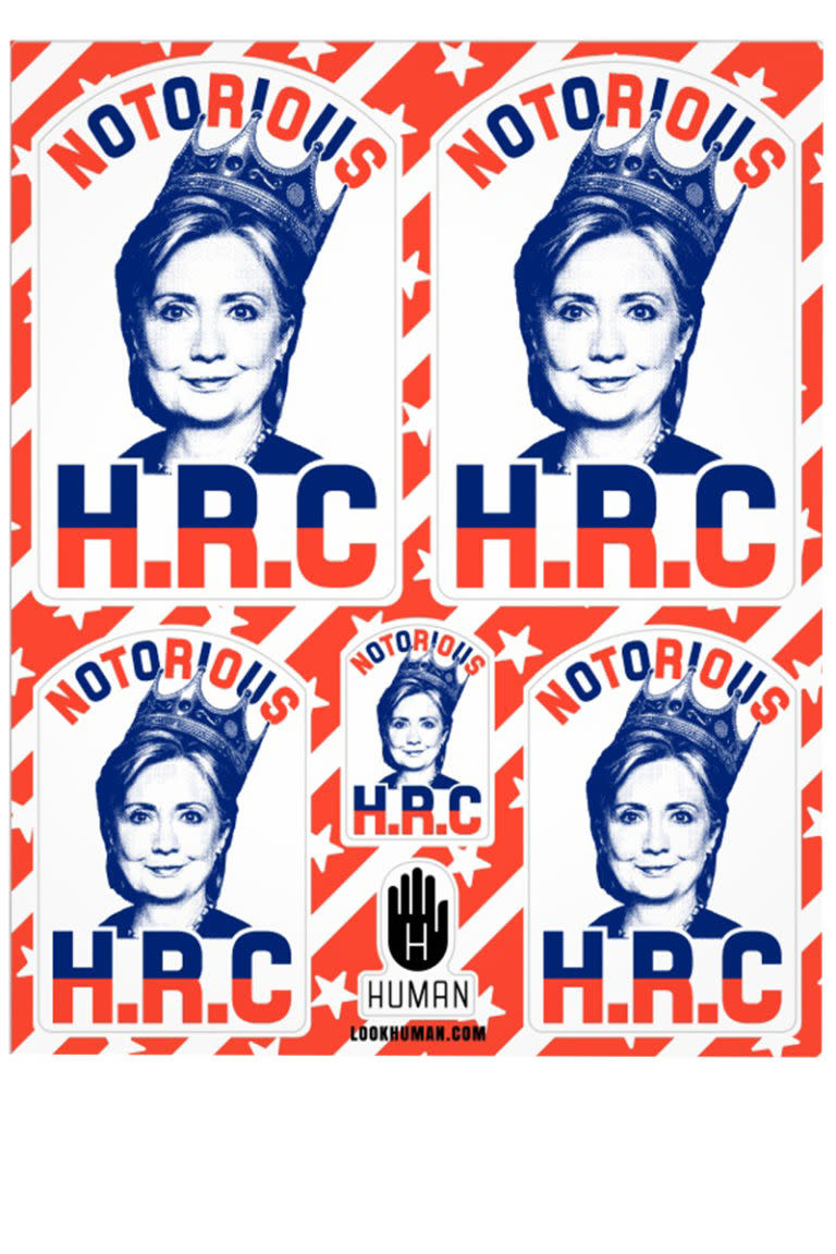 <p>Notorious H.R.C stickers, $5, <a rel="nofollow noopener" href="http://www.lookhuman.com/design/90433-notorious-hrc" target="_blank" data-ylk="slk:lookhuman.com;elm:context_link;itc:0;sec:content-canvas" class="link ">lookhuman.com</a>.</p>