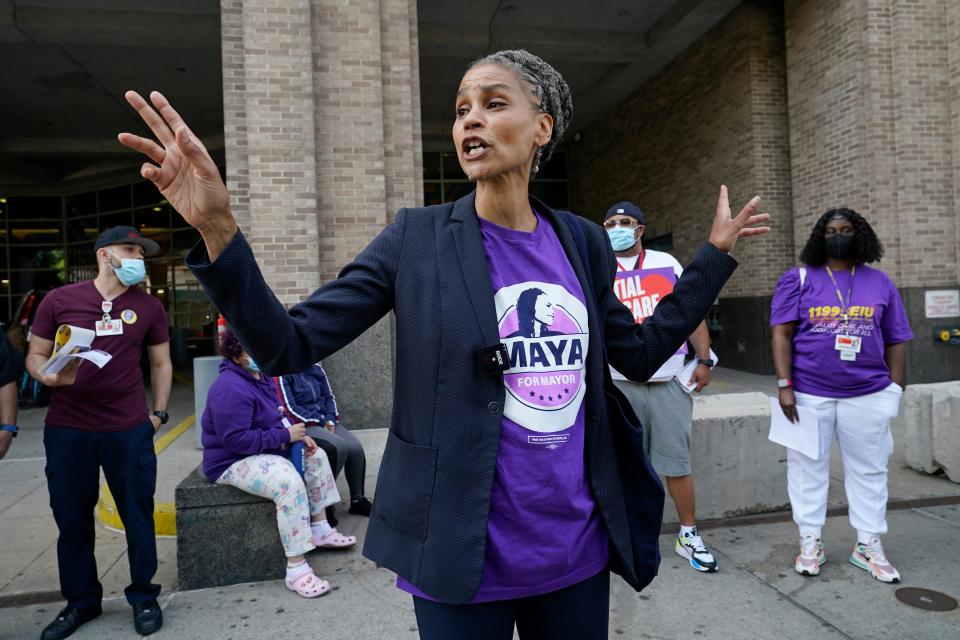 New York City mayoral candidate Maya Wiley gestures as she speaks to the press after greeting health care workers and supporters outside New York-Presbyterian Morgan Stanley Children's Hospital, Thursday, May 20, 2021, in New York.