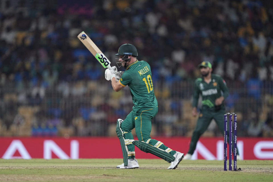 South Africa's David Miller plays a shot during the ICC Men's Cricket World Cup match between Pakistan and South Africa in Chennai, India, Friday, Oct. 27, 2023. (AP Photo/Ajit Solanki)