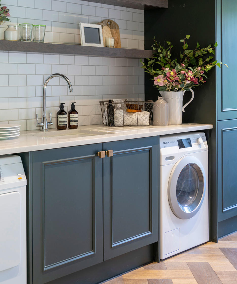 washing machine with cabinet and shelf