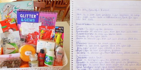 Jess put together an incredibly thoughtful pack stocked with Kmart goodies for her devastated friend. Photo: Facebook