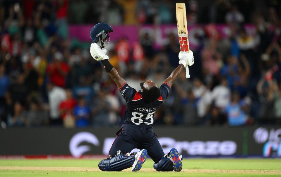 <span>Aaron Jones celebrates after hitting the winning runs for the United States at Grand Prairie.</span><span>Photograph: Matt Roberts-ICC/ICC/Getty Images</span>