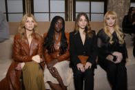 Clemence Poesy, from left, Suzy Bemba, Alice Isaaz, and Kathryn Newton attend the Chloe Fall/Winter 2024-2025 ready-to-wear collection presented Thursday, Feb. 29, 2024 in Paris. (Photo by Scott A Garfitt/Invision/AP)