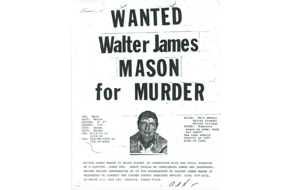 This 1980 wanted poster from the Custer County Sheriff's Office shows Walter James Mason as they sought him on a murder charge. Forty years ago, Brett Woolley's father Dan Woolley was shot in the parking lot of a small town bar deep in the Idaho mountains. Then the shooter crossed the street to the only other bar in town, ordered a drink, declared, "I just killed a man," and disappeared into the night. As days turned into years, Woolley accepted the likelihood that his father's murderer would never be found. But all that changed last fall when authorities arrested a former pro rodeo rider named Walter Mason in a small Texas village. (Custer County Sheriff's Office via AP)