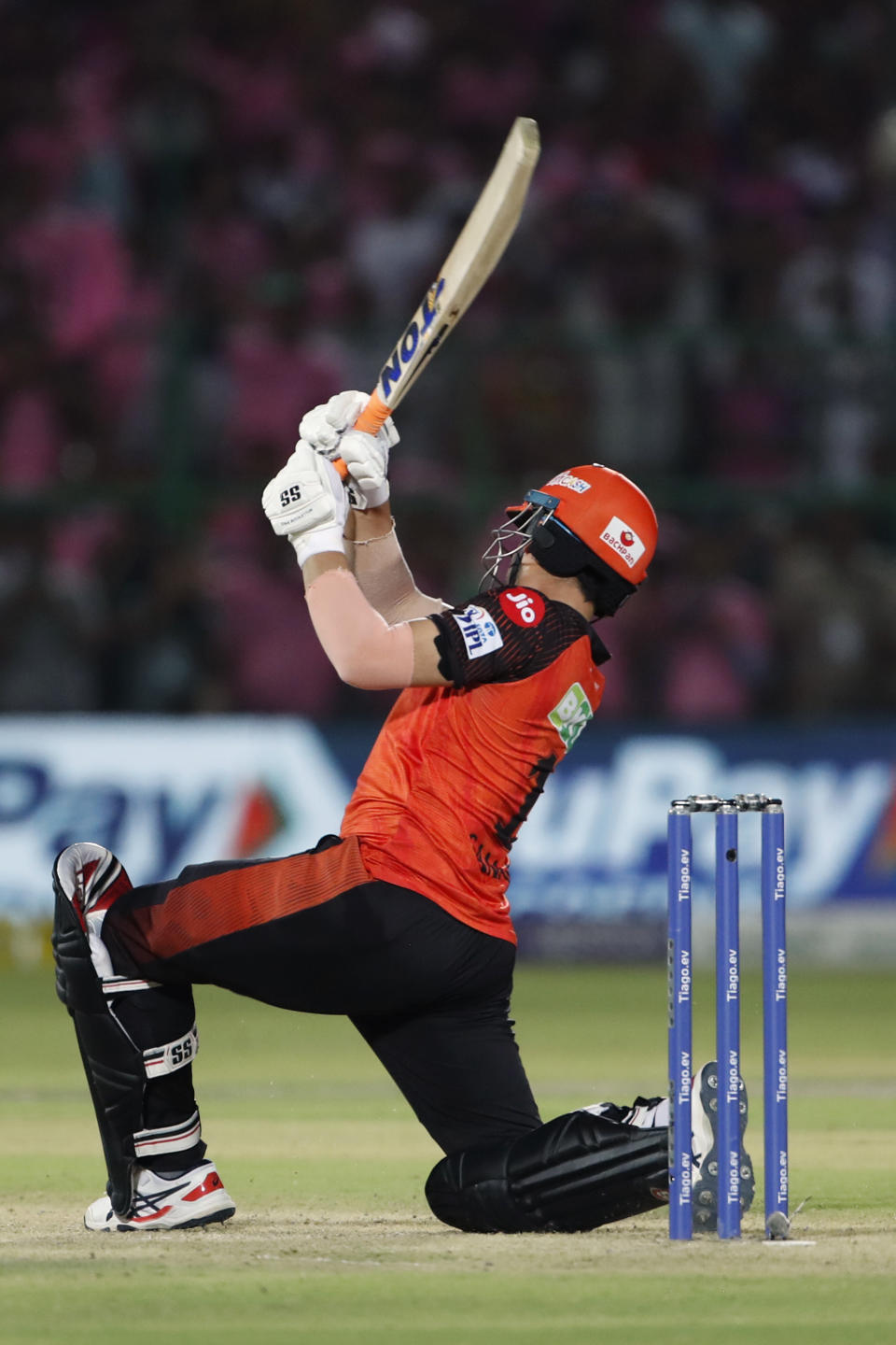 Sunrisers Hyderabad's Abdul Samad plays a shot during the Indian Premier League cricket match between Rajasthan Royals and Sunrisers Hyderabad in Jaipur, India, Sunday, May 7, 2023. (AP Photo/Surjeet Yadav)