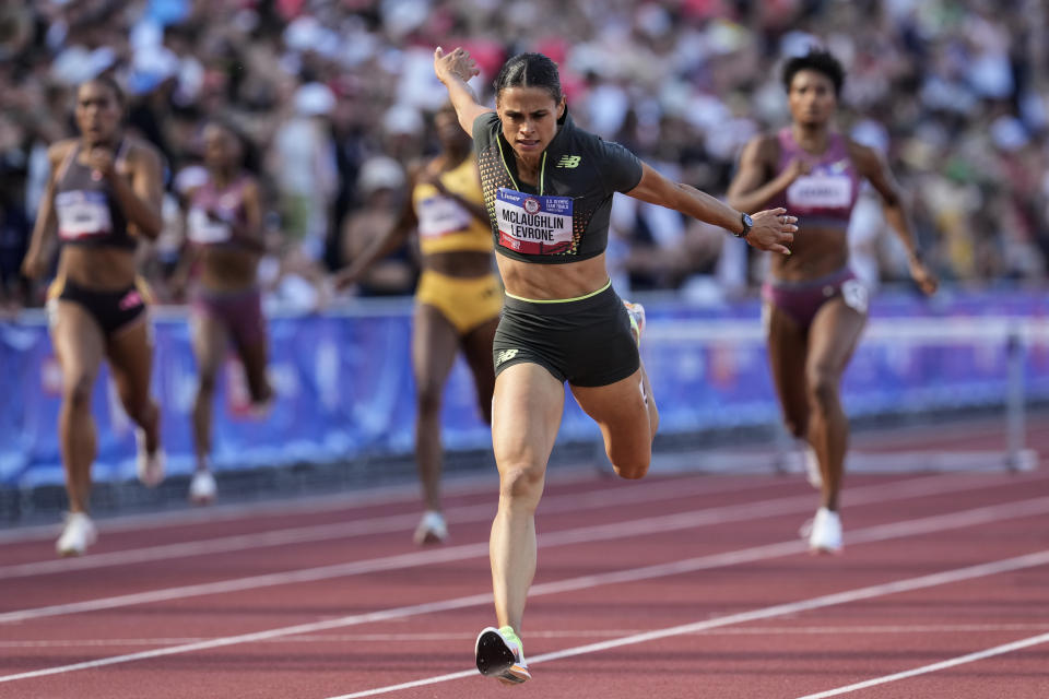 Sydney McLaughlin-Levrone wins the women's 400-meter hurdles final during the U.S. Track and Field Olympic Team Trials, Sunday, June 30, 2024, in Eugene, Ore. (AP Photo/George Walker IV)