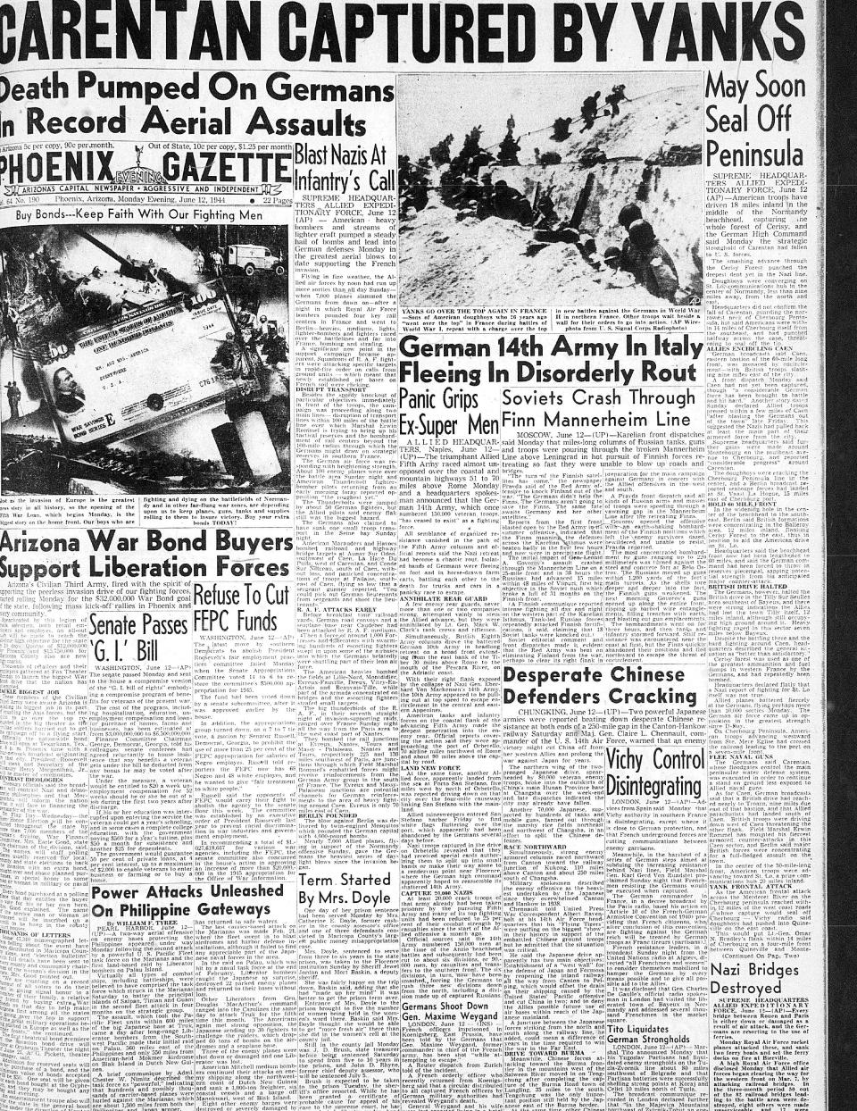The front page of the Phoenix Gazette from June 12, 1944.