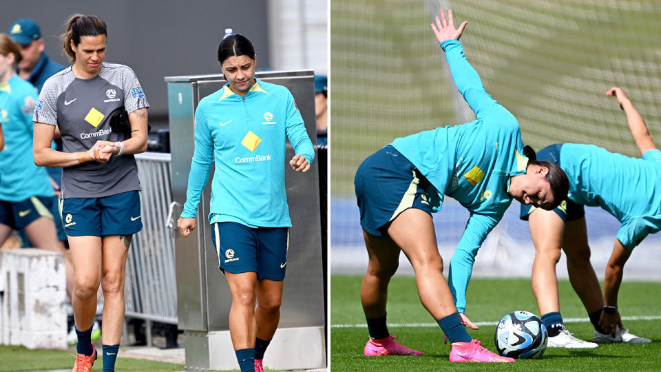 Seen here, Sam Kerr trains with Matildas squad members in Brisbane on Wednesday.