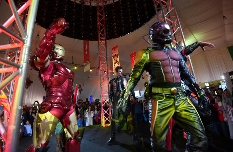 People dressed up as members of Marvel's Avengers perform on stage during Saudi Arabia's first ever Comic-Con event in the coastal city of Jeddah on February 16, 2017