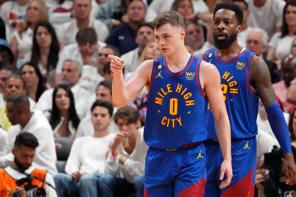 Denver Nuggets guard Christian Braun (0) gestures during one of his energetic flurries of action in his team's Game 3 win against the Miami Heat in the NBA Finals. (Kyle Terada/USA TODAY Sports)