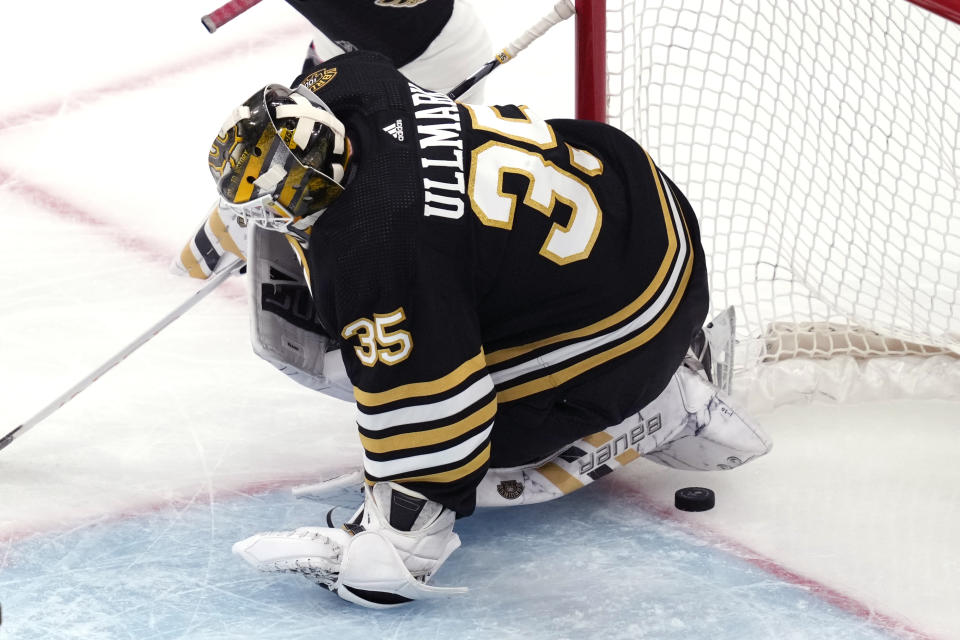 Boston Bruins goaltender Linus Ullmark drops to the ice, but fails to make the save, on a gaol byy Ottawa Senators left wing Jiri Smejkal during the second period of an NHL hockey game Tuesday, April 16, 2024, in Boston. (AP Photo/Charles Krupa)