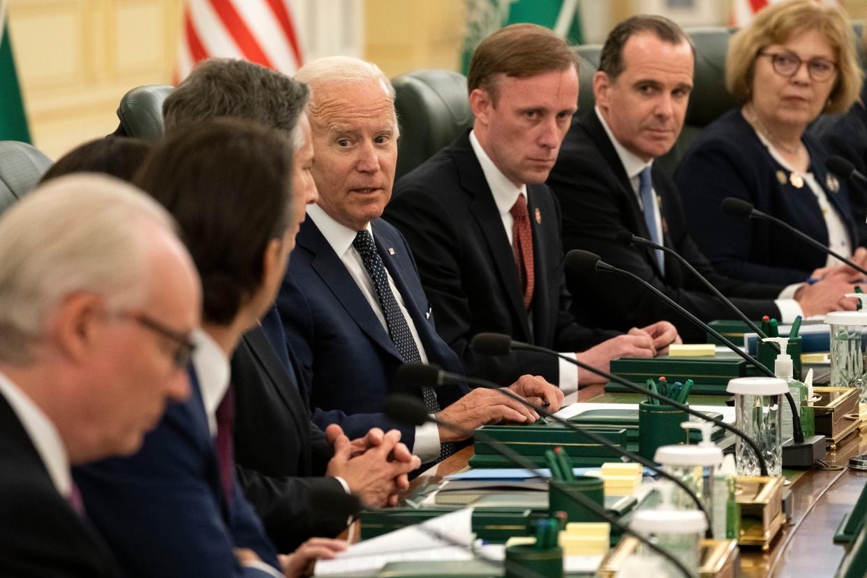 President Joe Biden speaks during a working session with Saudi Crown Prince Mohammed bin Salman at the Al Salman Royal Palace, Friday, July 15, 2022, in Jeddah. 