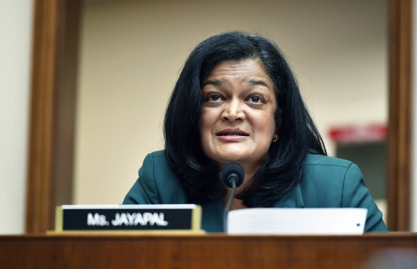 FILE - In this July 29, 2020 file photo, Rep. Pramila Jayapal, D-Wash., speaks during a House Judiciary subcommittee on antitrust on Capitol Hill in Washington. A second Democratic member of the House who was forced to go into lockdown during last week's violent protest has tested positive for COVID-19. Rep. Pramila Jayapal of Washington says she has tested positive. She criticized Republican members of Congress who declined to wear a mask when it was offered to them. (Mandel Ngan/Pool via AP, File)