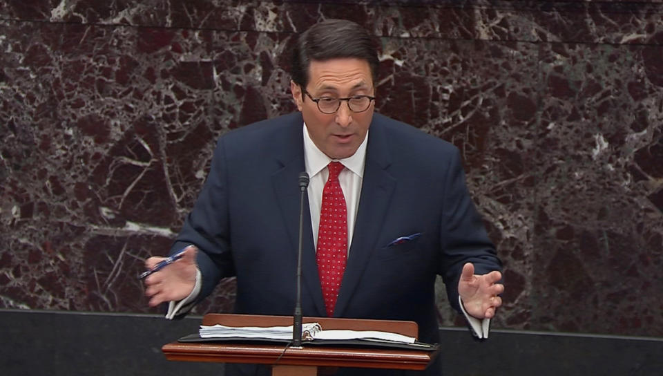 U.S. President Donald Trump's personal attorney Jay Sekulow speaks during opening arguments in the U.S. Senate impeachment trial of Trump in this frame grab from video shot in the U.S. Senate Chamber at the U.S. Capitol in Washington, U.S., January 21, 2020. (Screengrab: U.S. Senate TV/Handout via Reuters)