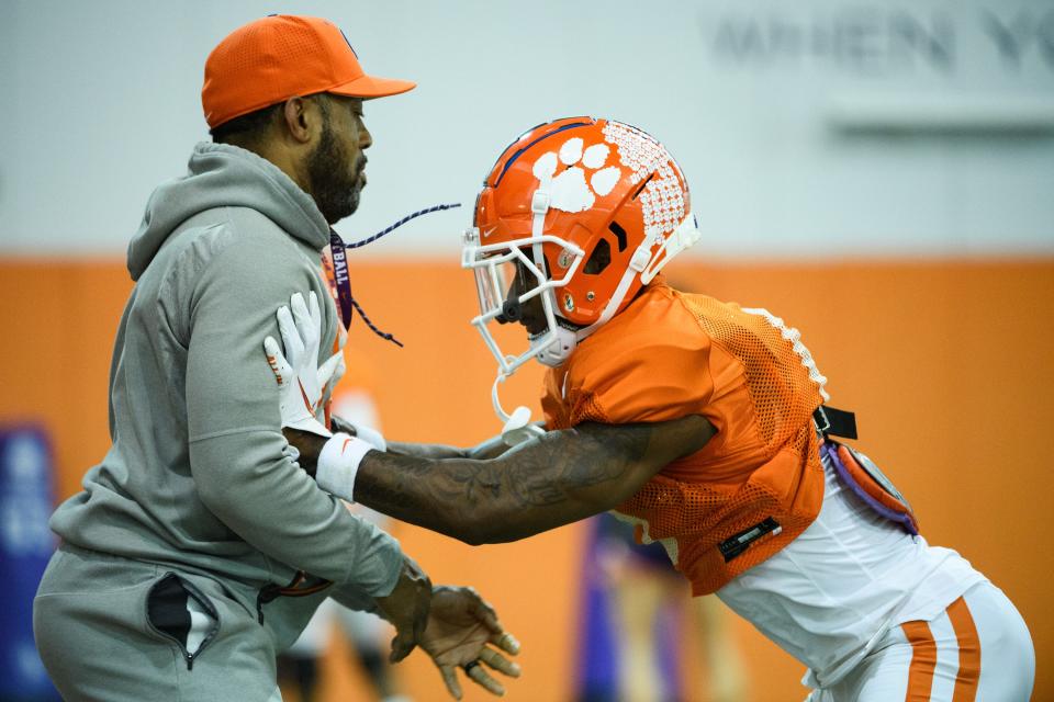 Clemson cornerback Sheridan Jones (6) runs through drills during practice at the Allen N. Reeves Football Complex Monday, March 7, 2022.