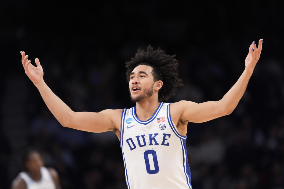 Duke guard Jared McCain reacts after scoring during the first half of a second-round college basketball game in the NCAA Tournament against James Madison, Sunday, March 24, 2024, in New York. (AP Photo/Mary Altaffer)