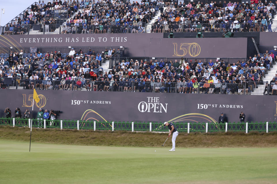 Viktor Hovland, of Norway, putts on the 18th green during the third round of the British Open golf championship on the Old Course at St. Andrews, Scotland, Saturday July 16, 2022. (AP Photo/Peter Morrison)