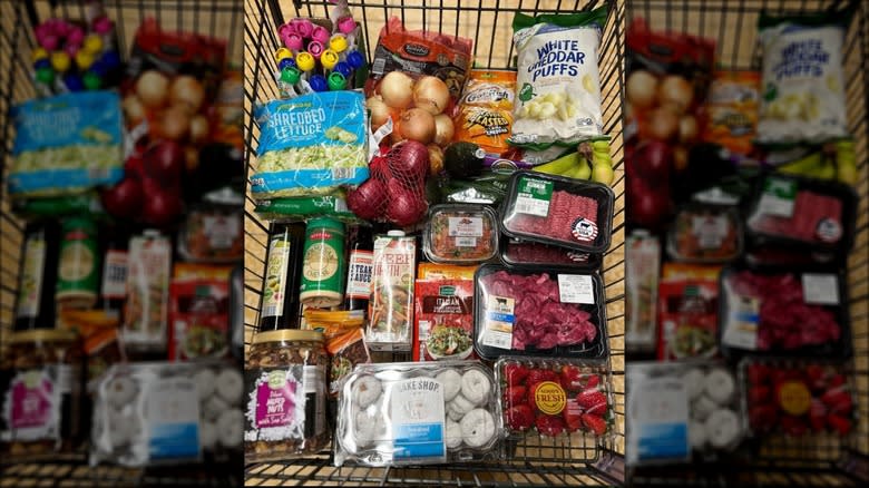 cart with assorted Aldi products