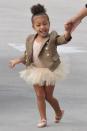 <p>North makes the ballerina look the chicest, pairing her leotard and tutu with a baby Balmain jacket (is that one-of-a-kind?). (Photo: Splash) </p>