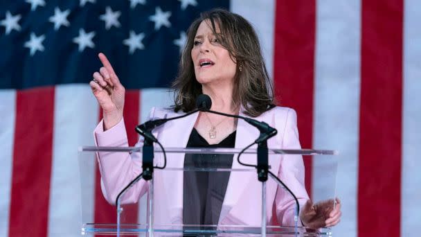 PHOTO: Self-help author Marianne Williamson speaks to the crowd as she launches her 2024 presidential campaign in Washington, D.C., on March 4, 2023. (Jose Luis Magana/AP)