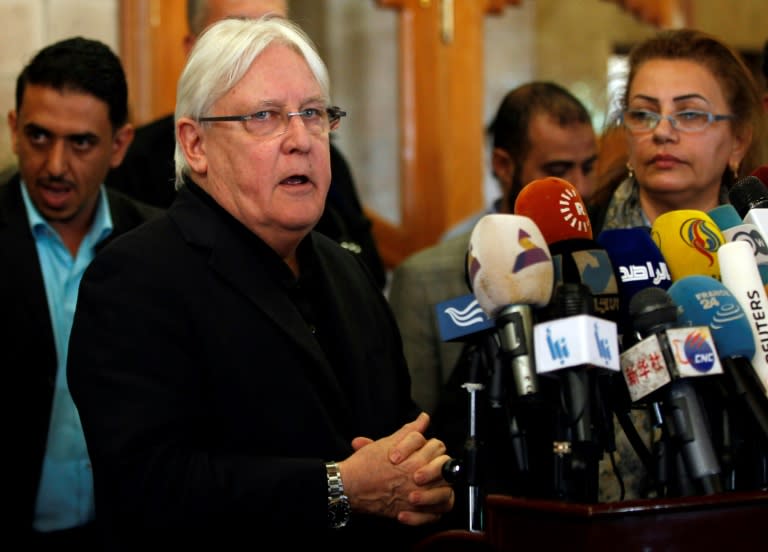 The United Nations special envoy to Yemen Martin Griffiths speaks to the press on arrival at Sanaa international airport on March 24, 2018