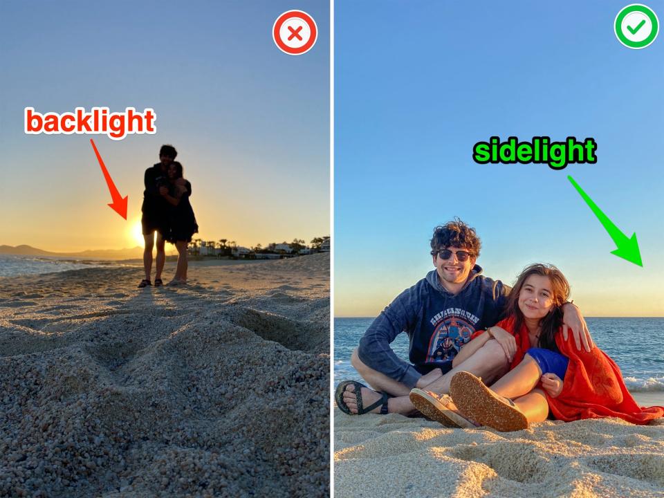 Photographs of a man and woman on the beach at sunset, side by side.  The image on the left is too dark, while the one on the right is correctly exposed.