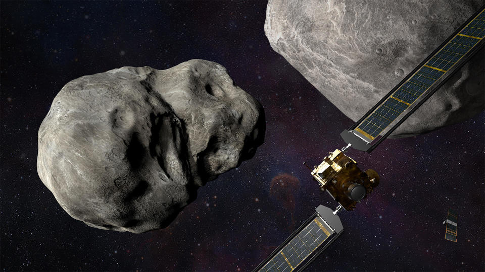 An illustration of NASA's Double Asteroid Redirection Test (DART) spacecraft prior to impact against Dimorphos, a 525-foot-wide moonlet in the Didymos binary asteroid system. / Credit: NASA/Johns Hopkins APL/Steve Gribben