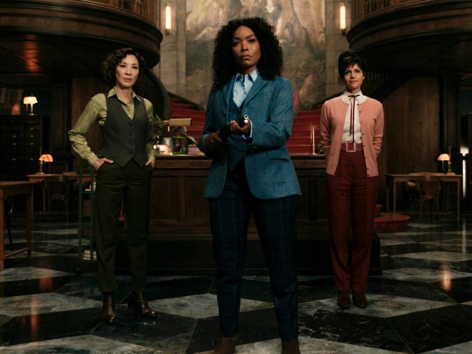 Angela Bassett, Michelle Yeoh, and Carla Gugino play a trio of assassins inexplicably dressed like the Powerpuff Girls (Sky Cinema Original/Studio Canal)