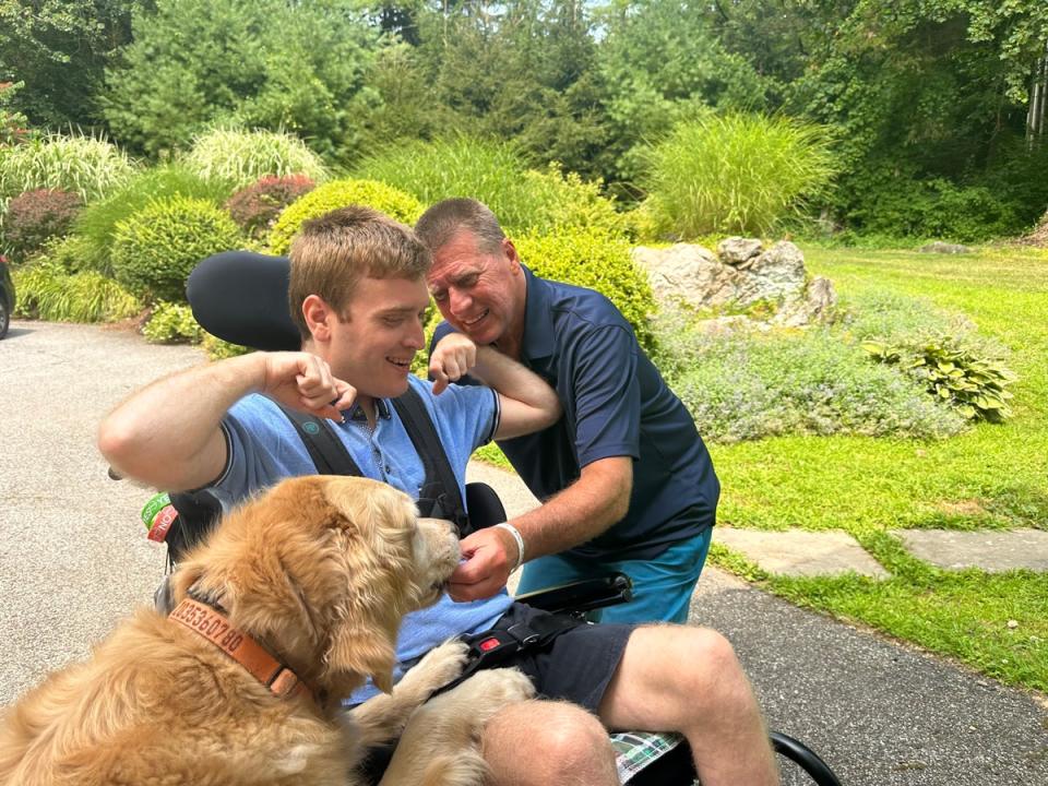 Fred enjoys quality time with William, who is now 25; he claims Uncle Donald, after hearing from disability advocates during a White House meeting, suggested to Fred that severely disabled should ‘just die’ - later suggesting the same thing specifically for William so Fred could ‘move to Florida’ (Courtesy of Fred Trump)