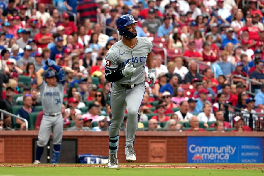Kansas City Royals’ MJ Melendez watches his solo home run during the third inning in the second game of a baseball doubleheader against the St. Louis Cardinals Wednesday, July 10, 2024, in St. Louis. (AP Photo/Jeff Roberson)