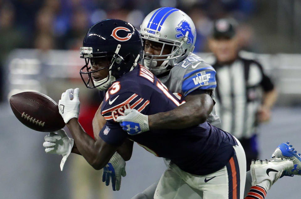 <p>Detroit Lions cornerback Nevin Lawson (24) deflects a pass intended for Chicago Bears wide receiver Kendall Wright (13) during the second half of an NFL football game, Saturday, Dec. 16, 2017, in Detroit. (AP Photo/Rey Del Rio) </p>